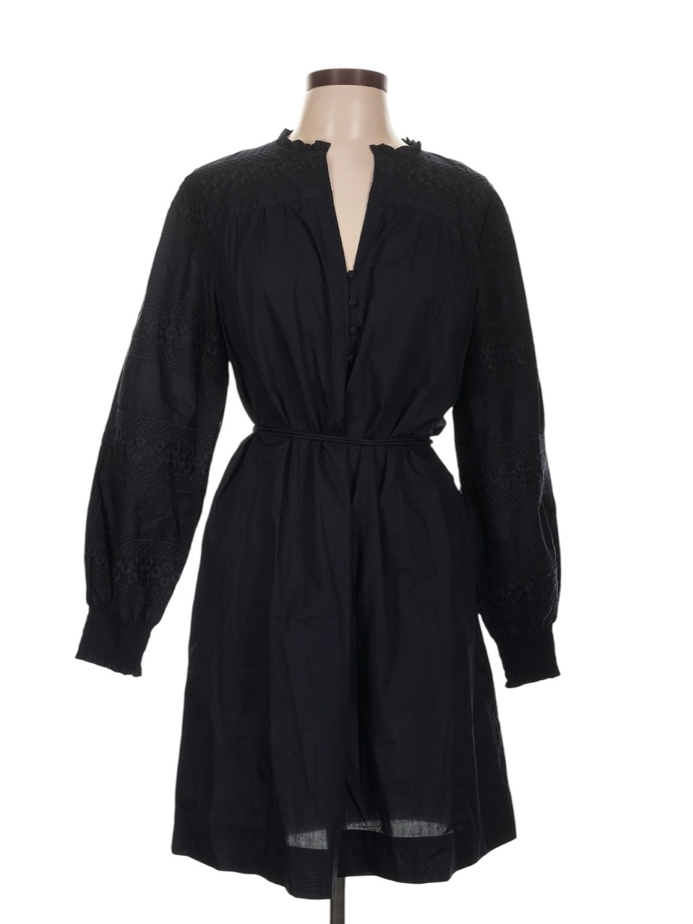 Ann Taylor Weekend Ruffle Collar Belted Shirt Dress L Navy Preppy Office NWT